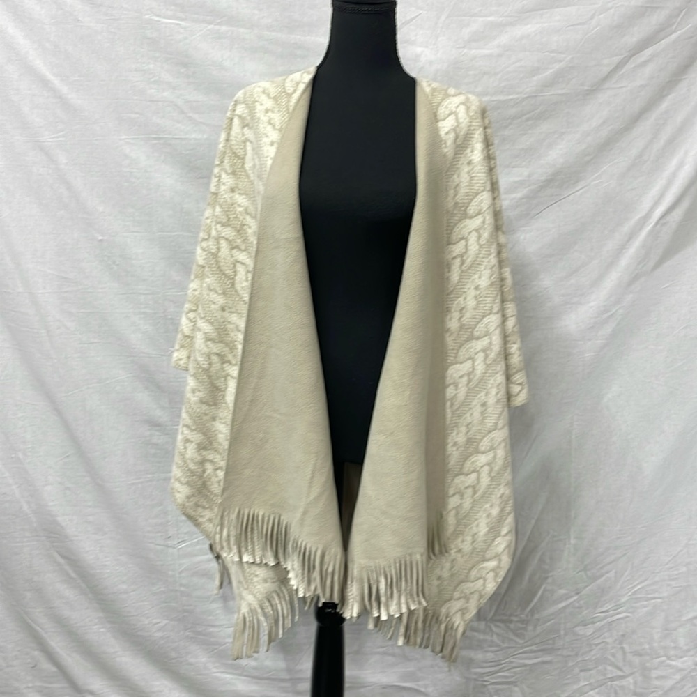 E Studio beige and cream fleece reversible, cape/poncho, one size fits all